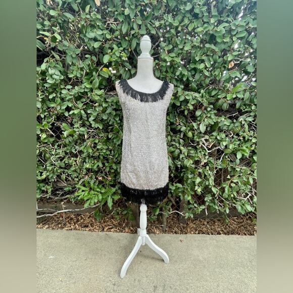 60s Vintage Silver Eyelash Tinsel Mini Dress with Black Fringe - Picture 3 of 15